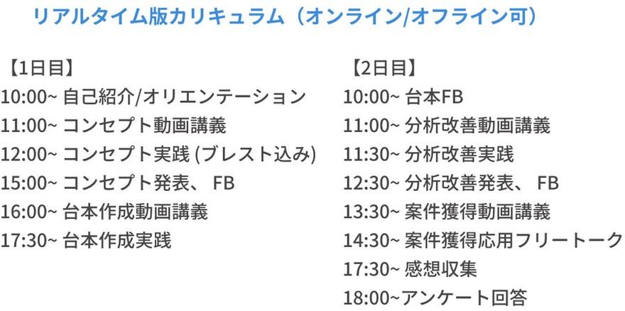 リアルタイム版カリキュラム（2日間の時間割）※開催回により前後します